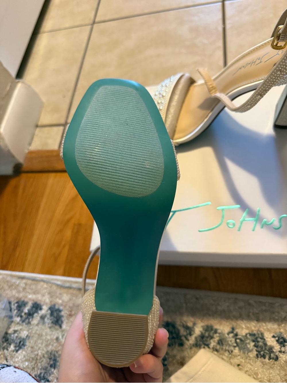 Betsey Johnson Teal-Sole Crystal Embellished Block Heel Sandals